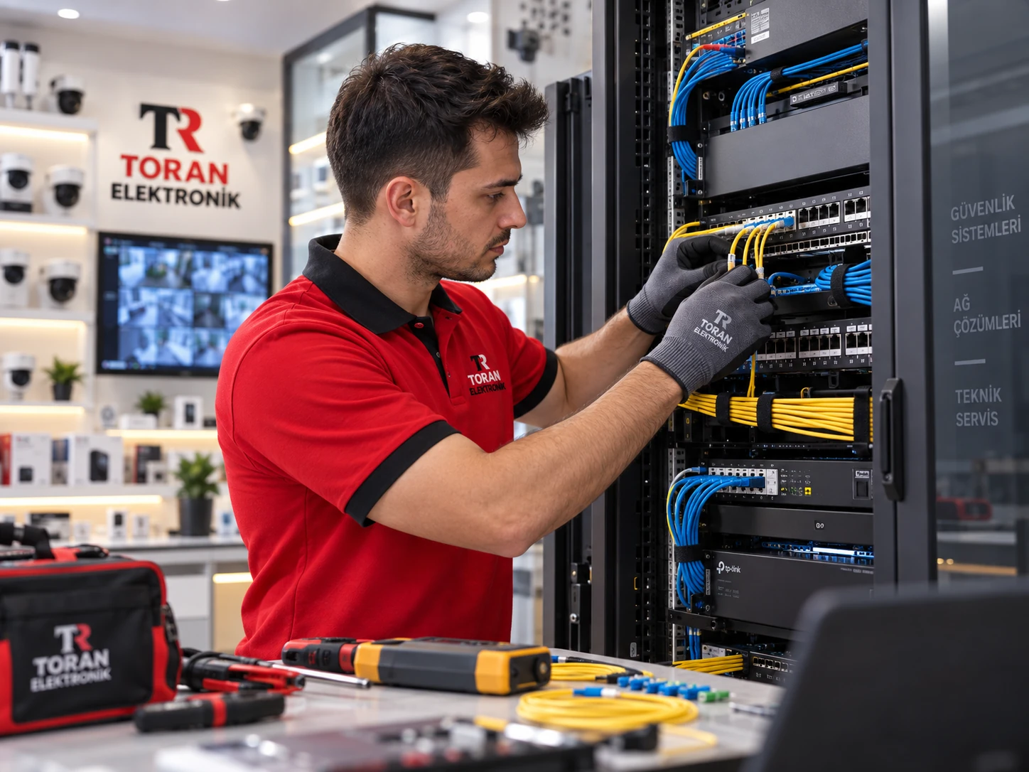 Teknisyen network kabinetinde fiber ve data bağlantılarını düzenliyor