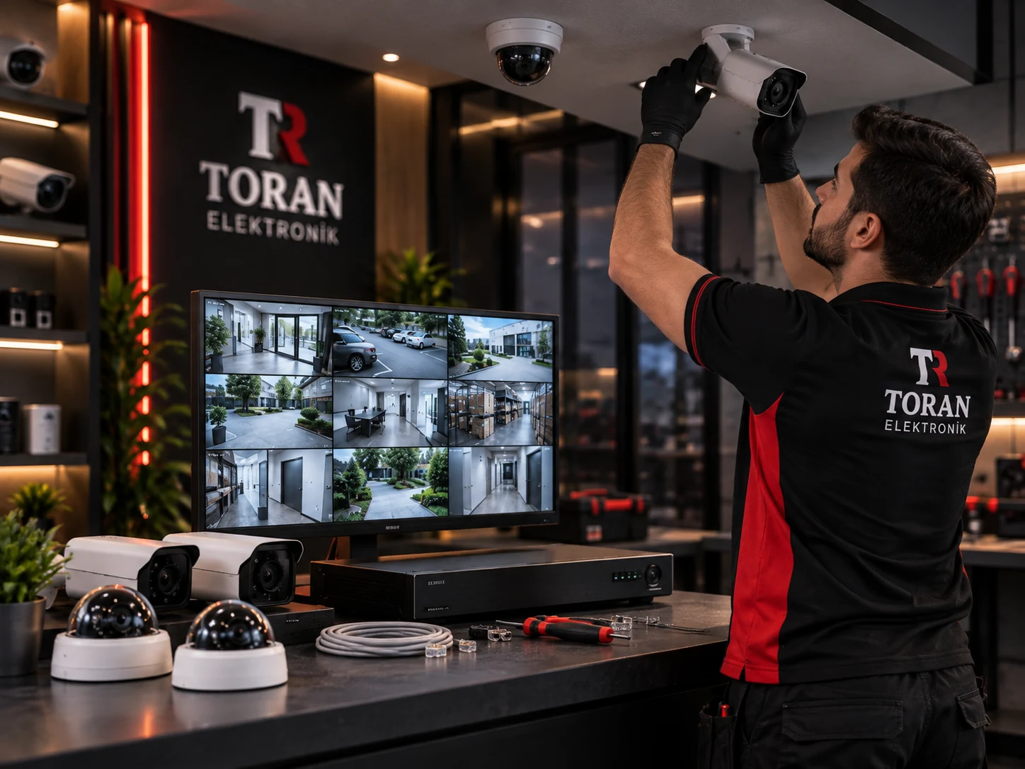 Toran Elektronik tişörtlü teknisyen kamera montajı yapıyor