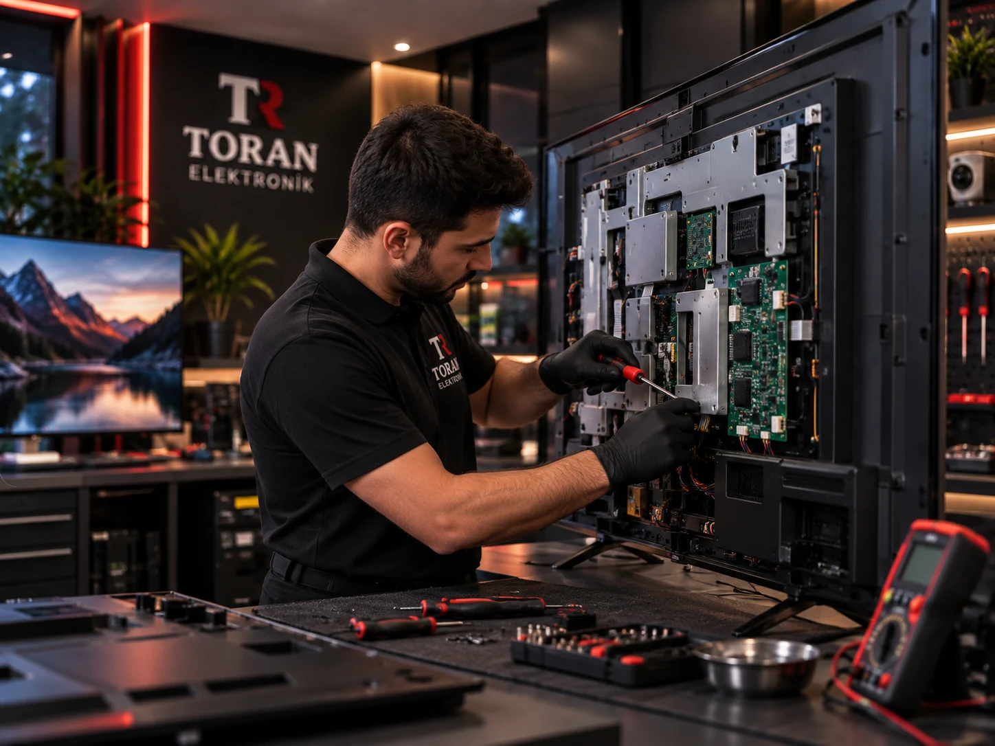 Toran Elektronik tişörtlü teknisyen televizyonun arka panelinde çalışıyor